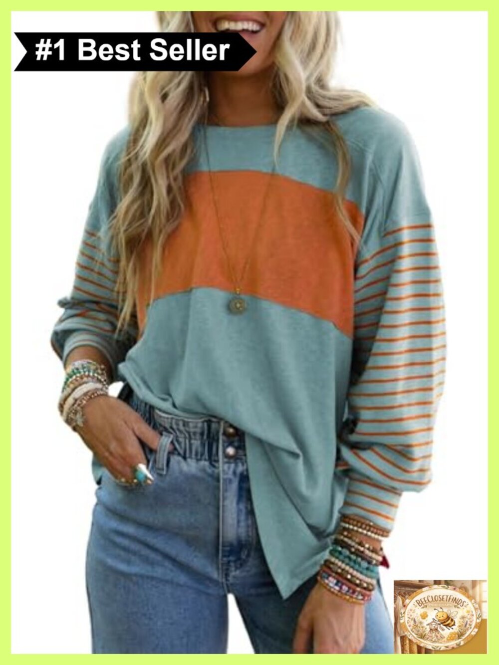 Long Sleeve Color Block Tunic Top Oversized Pullover Blouse